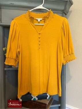 Crown & Ivy Mustard Yellow Puff Sleeve Smocked Neck Top